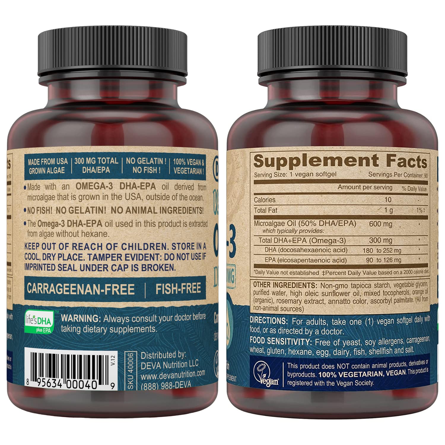 DEVA Vegan DHA-EPA Nutritional Supplement, Non-Fish Derived from Algae, 300 mg Potency, 90 Vegetarian Softgels - Pack of 2