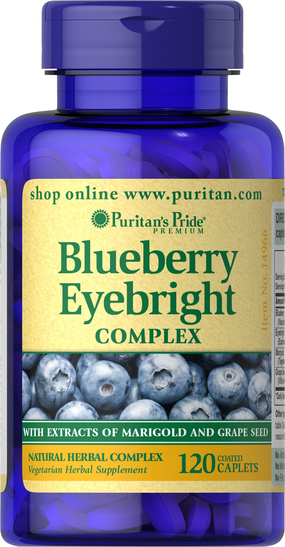 Puritan's Pride Premium Blueberry Eyebright Complex with Extracts of Marigold and Grapeseed, Dietary Supplement for Antioxidant Health, 120 Coated Caplets