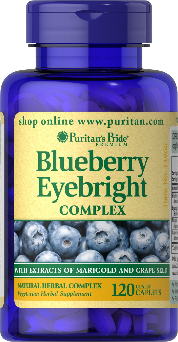 Puritan's Pride Premium Blueberry Eyebright Complex with Extracts of Marigold and Grapeseed, Dietary Supplement for Antioxidant Health, 120 Coated Caplets