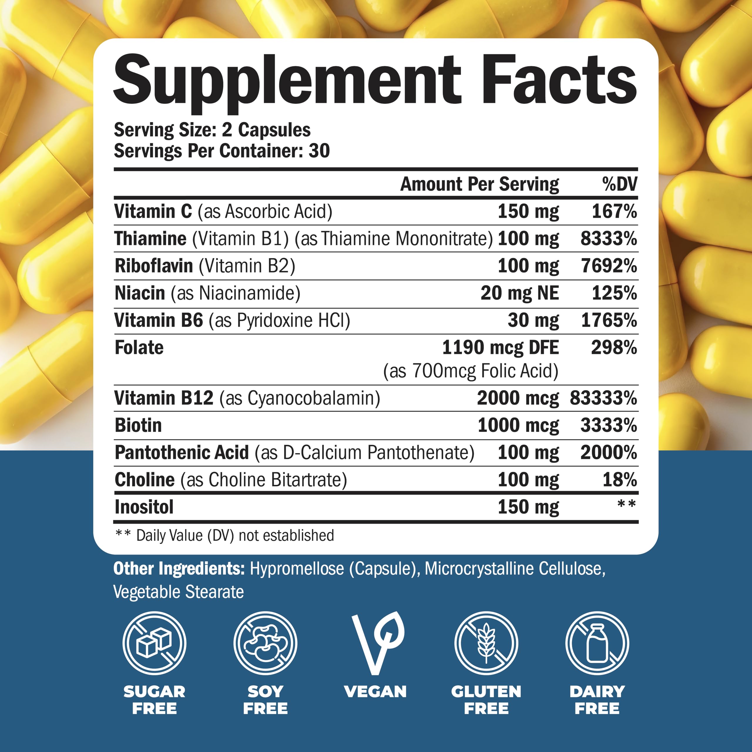 Vitamin B Complex with Vitamin C & Folic Acid (Folate) - 8 High Potency B Vitamins: B1, B2, B3, B5, B6, B7, Vitamin B12 + Biotin, Choline & Inositol. Aids Mood, Energy, Nervous System & Immune Support