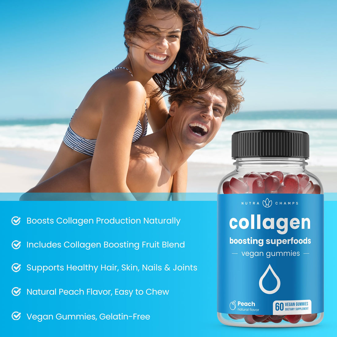 NutraChamps Collagen Boosting Gummies, Collagen Booster Gummy for Natural Collagen Production, Vegan Pectin Supplements Chews for Women & Men, 60 Peach Gummies (Pack of 2)