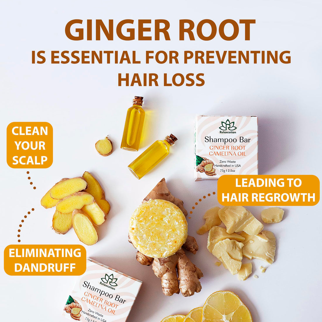Organic Ginger Hair Growth Solid Shampoo Bar for Regrowth Hair | GINGER ROOT, CAMELINA OIL, TURMERIC, LEMONGRASS | Anti Hair Loss Shampoo, Anti-Dandruff and Anti-Itching | USA MADE (1 pack)