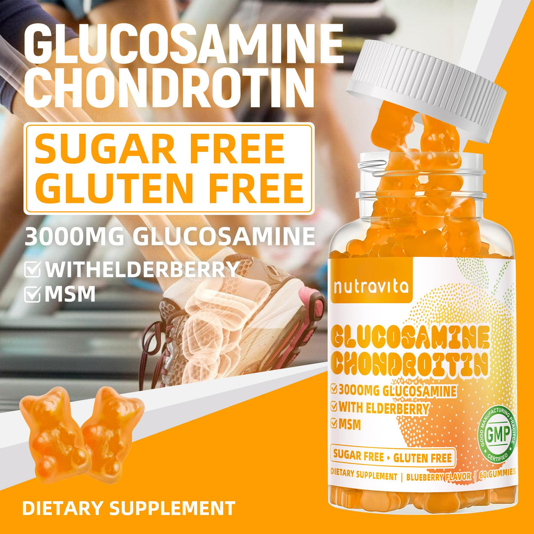 Nutravita Glucosamine Chondroitin Gummies with MSM & Elderberry Extra Strength - Joint Support, Antioxidant Immune Support Supplement for Adults, Men & Women.60 Orange Chews