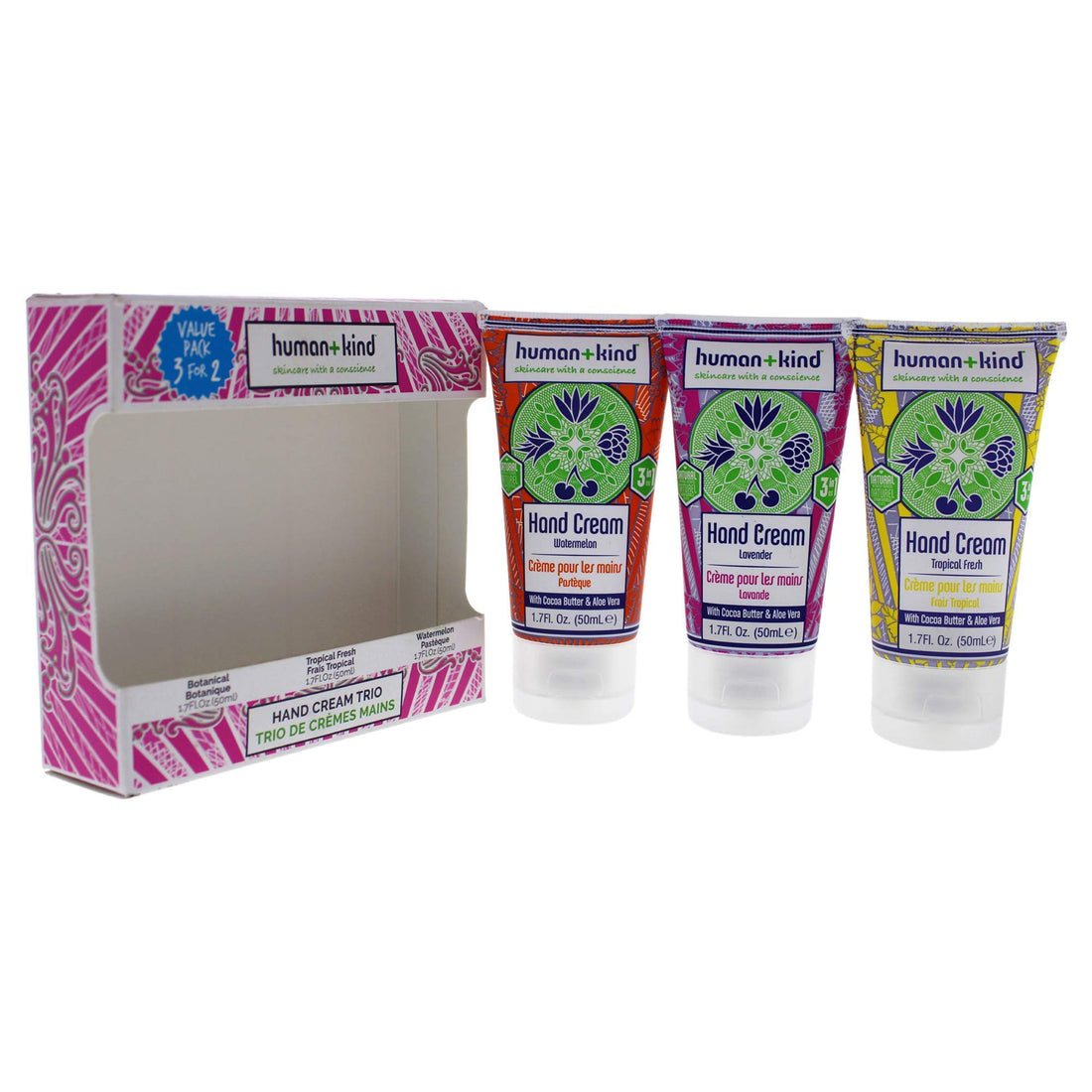 Human+Kind Hand Cream Trio - Lavender, Tropical Fresh, and Watermelon - Moisturizes Hands, Elbows, and Feet - Enriched with Avocado Oil and Shea Butter - Natural, Vegan Skin Care - 3-Pack