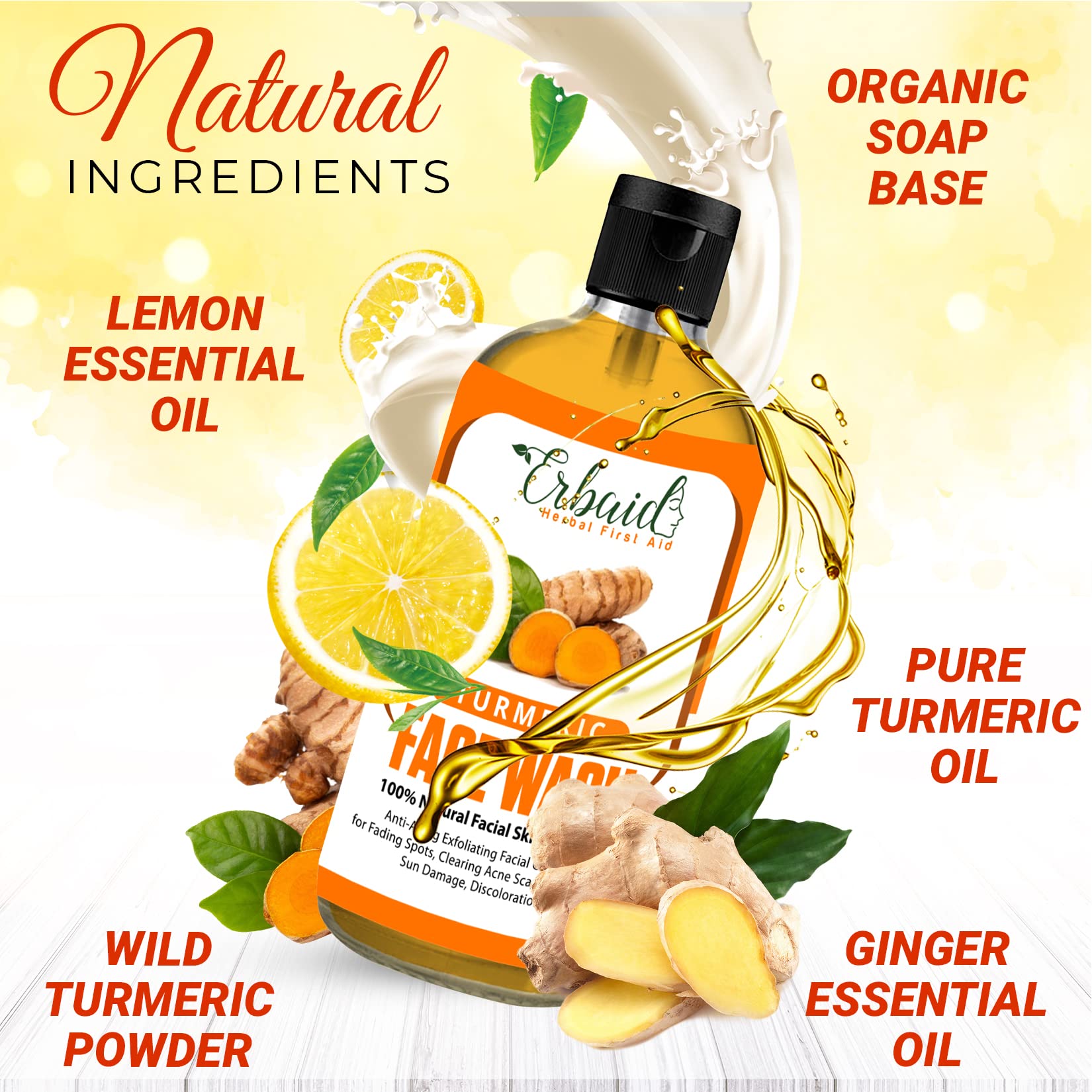 Erbaid Turmeric Face Wash, 4oz Clear Skin Liquid Soap – 100% Natural Exfoliating Turmeric Facial Cleanser – Turmeric Brightening Soap Skin Detox Treatment Made in USA