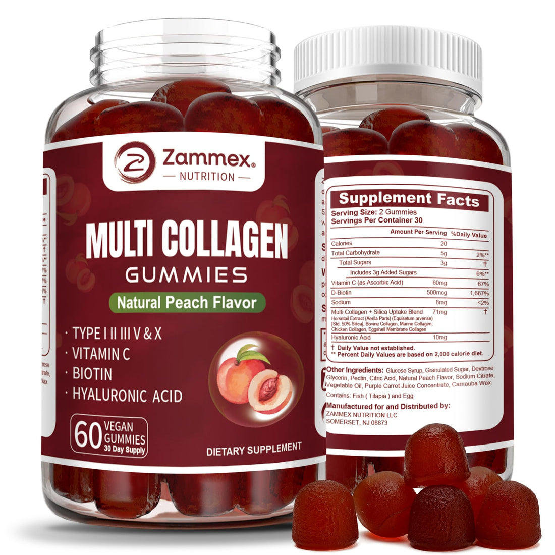 Zammex Multi Collagen Peptides Gummies (Type 1, 2, 3, 5 & 10), 30 Servings, Anti-Aging Collagen Gummy Supplements for Women&Men with Biotin Vitamin C, Hyaluronic Acid, Peach Flavor