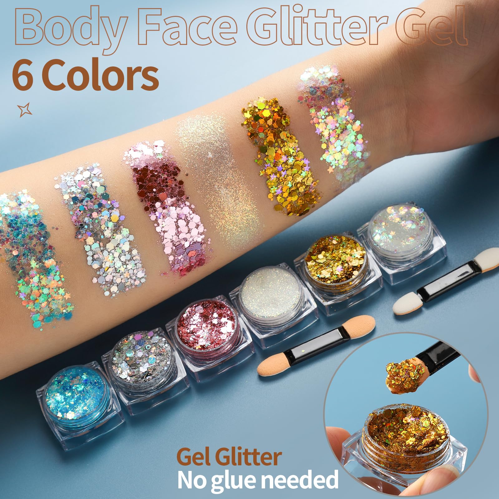 FANDAMEI 6 Colors Face Glitter Gel+ 4PCS Glitter Freckles. Body Hair Glitter. Face Speckles, Makeup Patches.