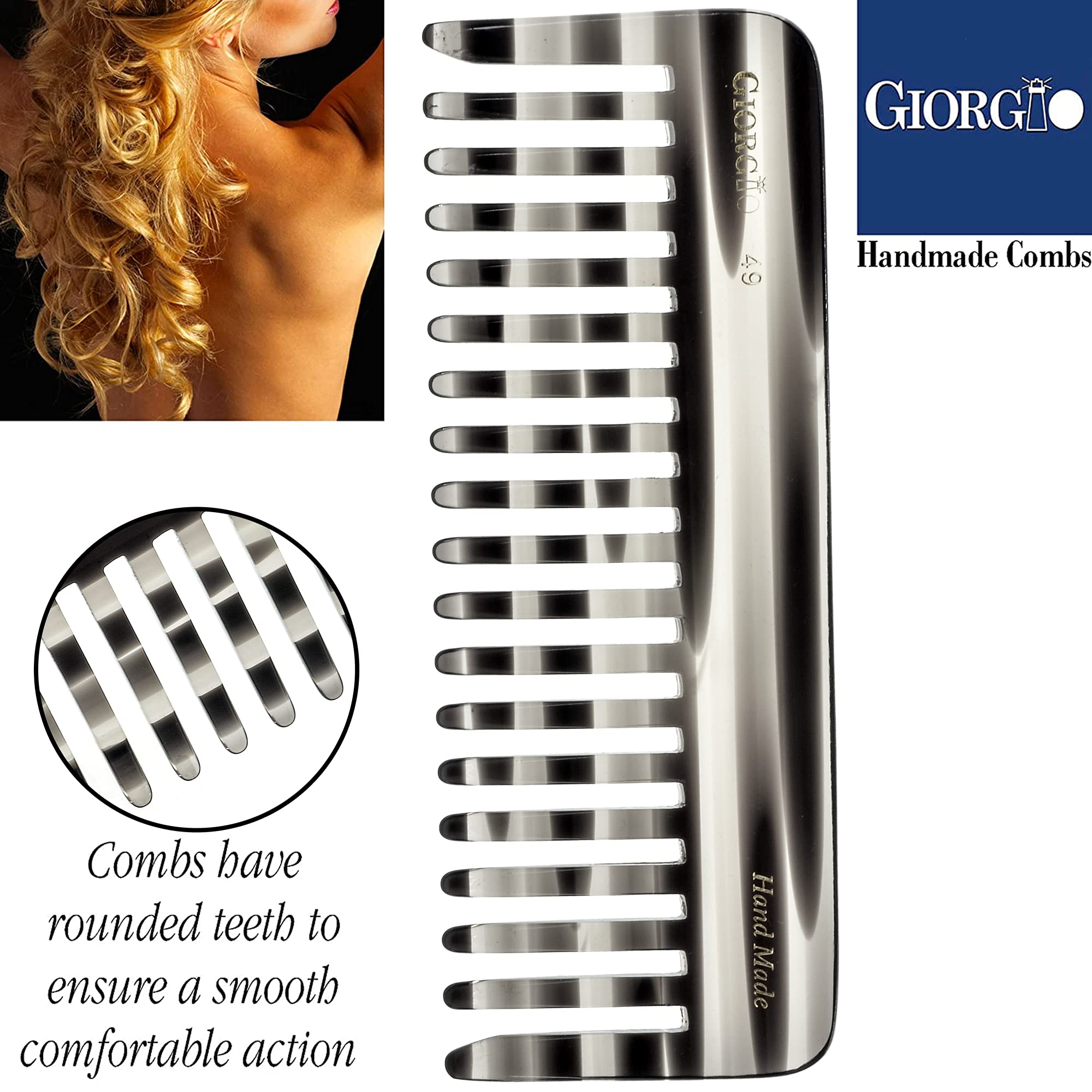 Giorgio G49 & G30 Hand Made Detangling Combs - Wide Teeth, Hand-Made of quality Durable Cellulose, Saw-cut and Hand Polished (2 Pack, Ivory & Tortoiseshell)