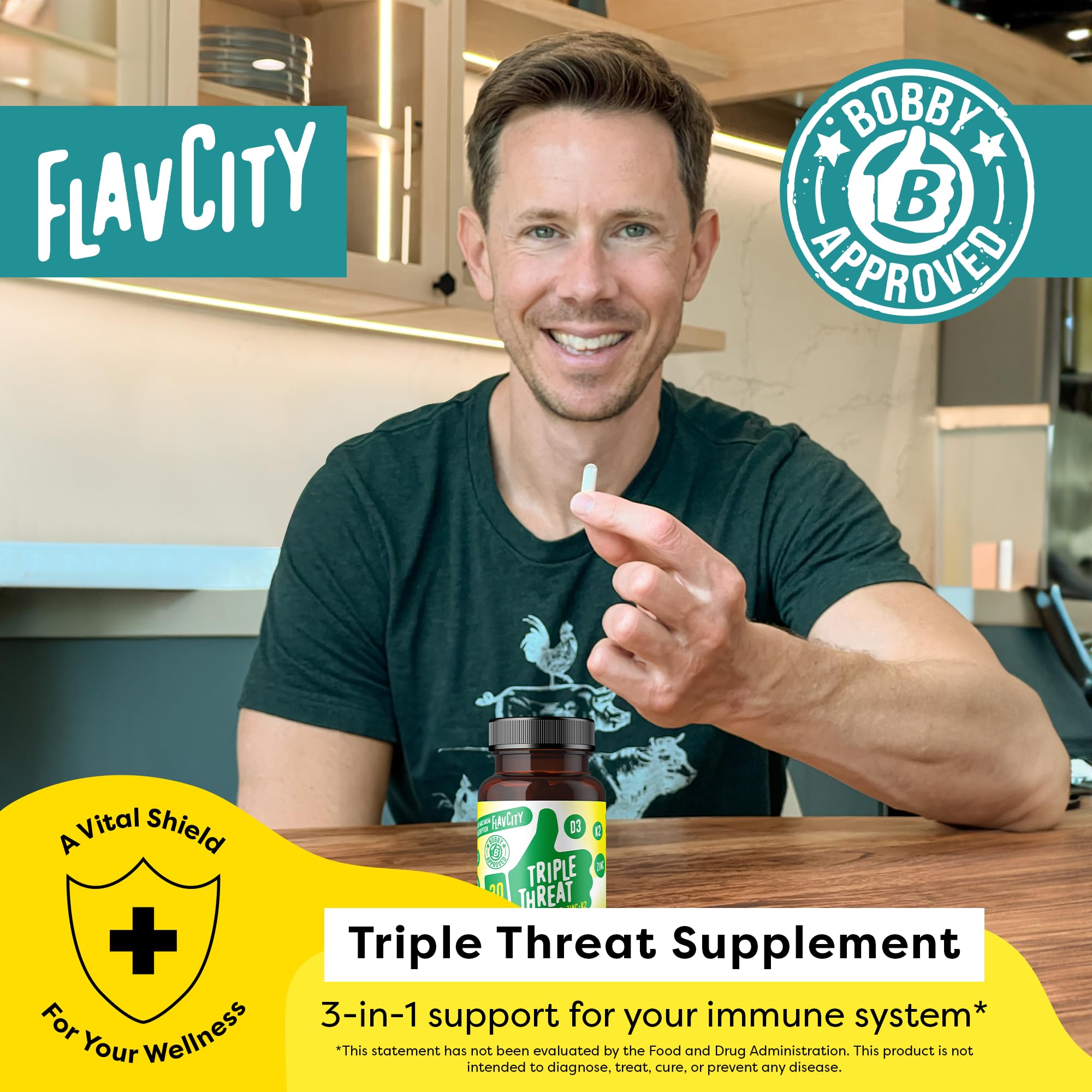 FlavCity Vitamin D Supplement, Triple Threat - 3-in-1 Dietary Supplement for Immune Support - Made with Vitamin D3, Zinc & Vitamin K2 for Maximum Absorption - 30 Capsules
