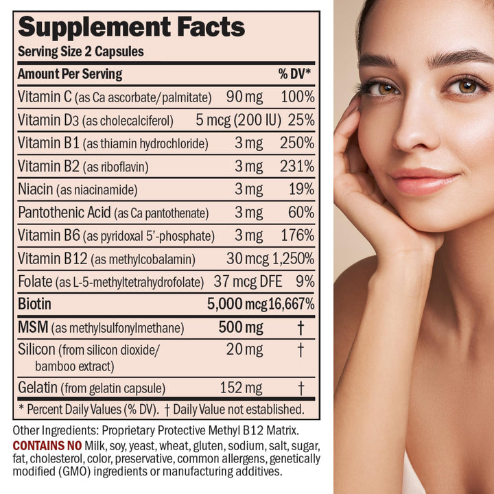 ANDREW LESSMAN Healthy Hair, Skin and Nails 120 Capsules - 5000 mcg High Bioactivity Biotin, B-Complex. Promotes Beautiful Skin, Strong Nails. No Additives Hair Growth Vitamins Biotin Supplement