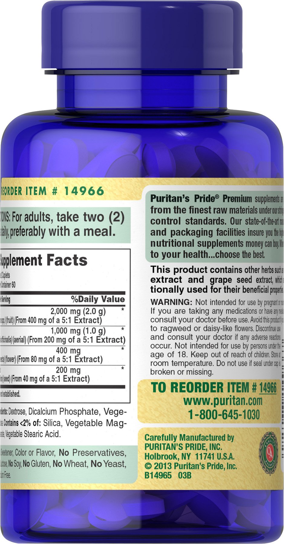 Puritan's Pride Premium Blueberry Eyebright Complex with Extracts of Marigold and Grapeseed, Dietary Supplement for Antioxidant Health, 120 Coated Caplets