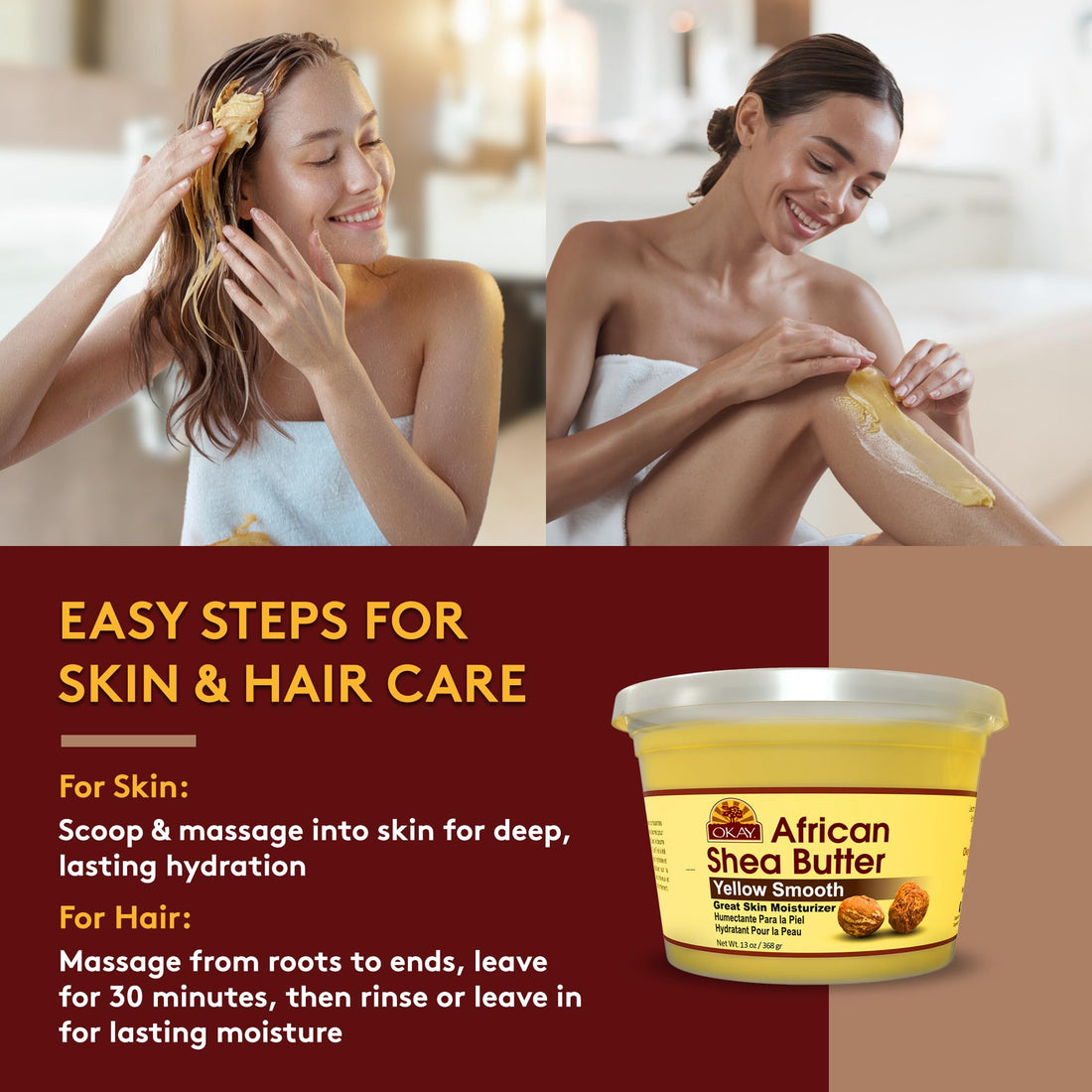 Okay Yellow Shea Butter for Hair and Skin - Raw African Shea Butter for Women and Men, Daily Moisturizer for Face and Body, Helps with Stretch Marks, Soothes Dryness - 13 oz Jar (Pack of 1)