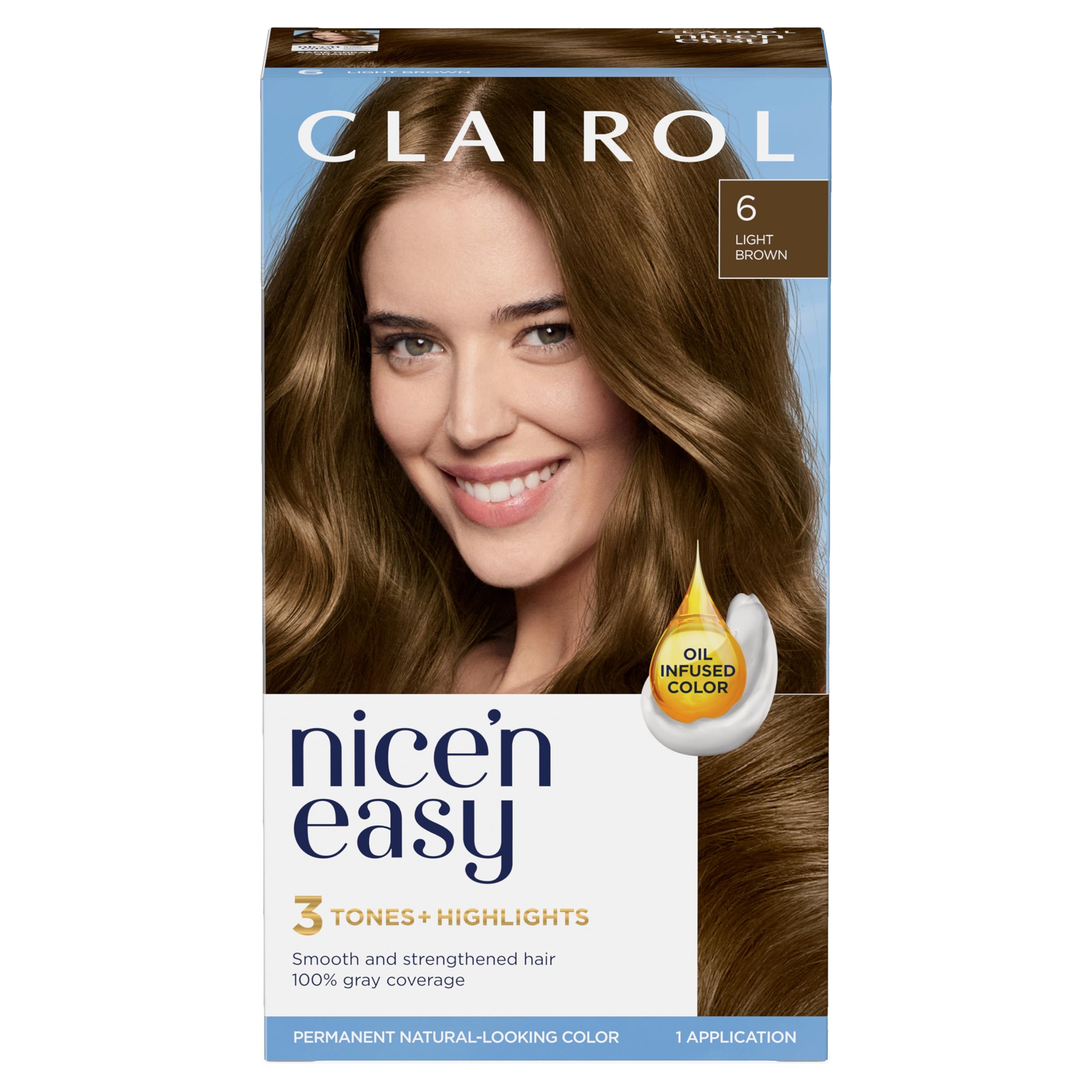 Clairol Nice'n Easy Permanent Hair Dye, 6 Light Brown Hair Color, Pack of 1