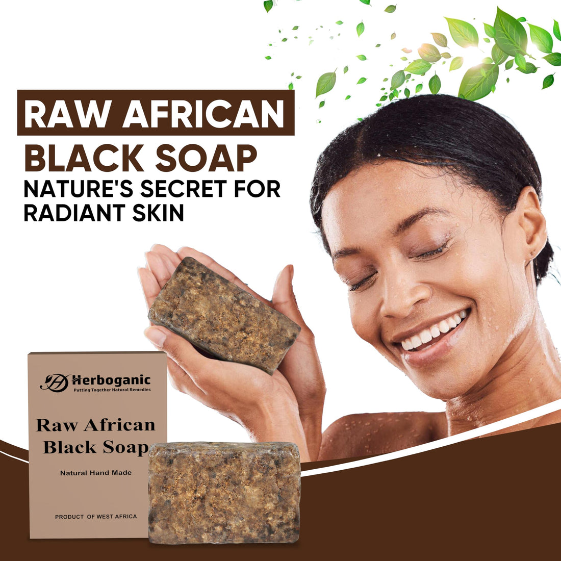 HERBOGANIC Raw African Black Soap Bar - 6 oz - 100% Pure and Organic | Natural Black African Soap bar for acne, Eczema, blackheads | Use as face wash and body wash - Pack of 1