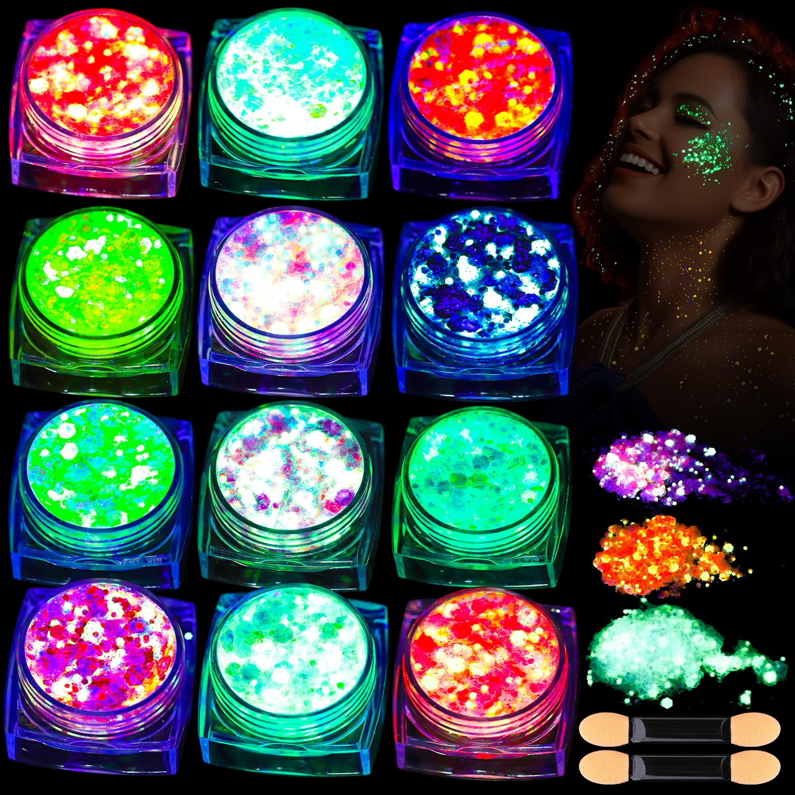 Teenitor 12 Colors Glow in The Dark Glitter Gel, Face Glitter Body Glitter Gel Hair Glitter for UV Black Light Makeup Raves Festivals