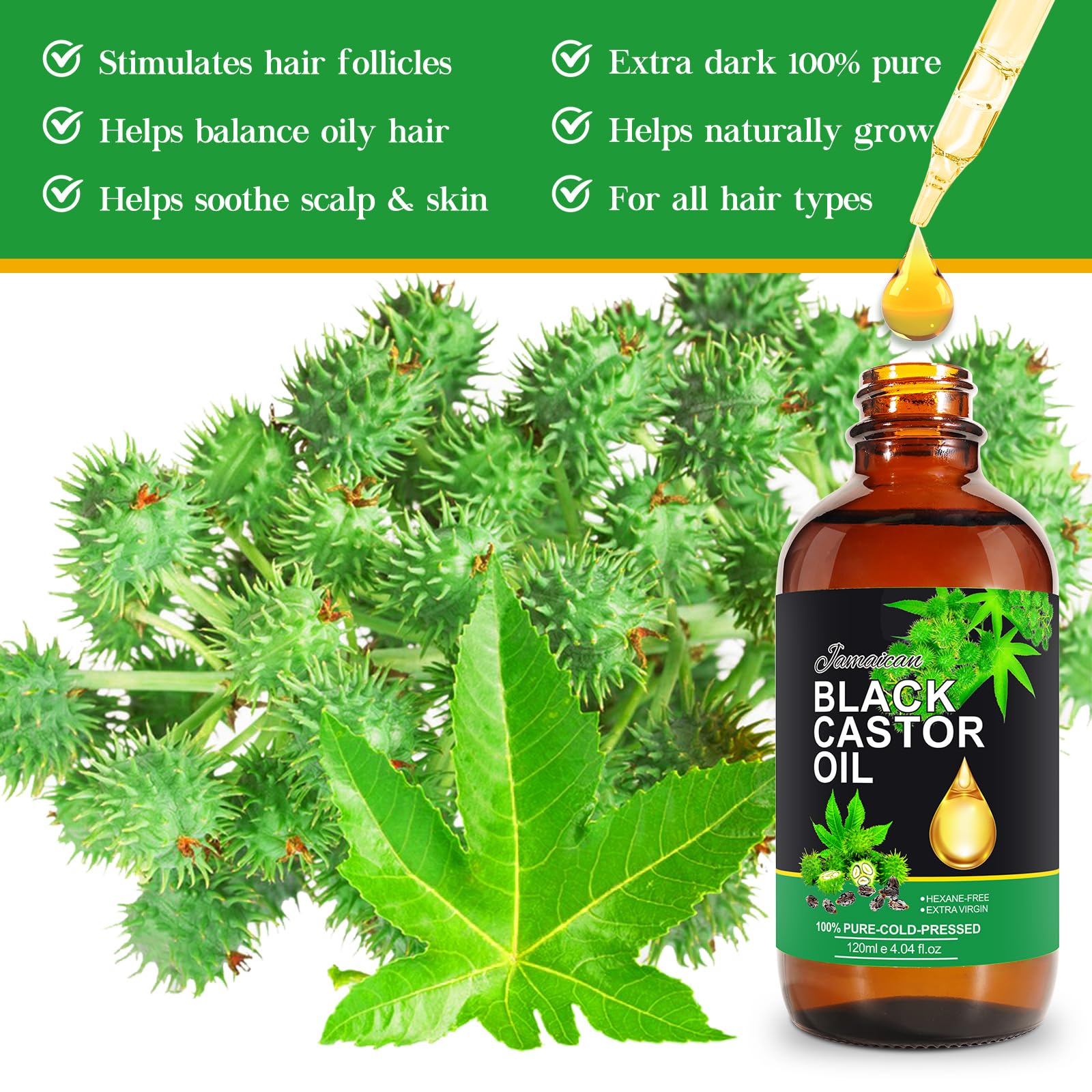 Organic Jamaican Black Castor Oil for Body with Natural Jade Stone Green Guasha Tool, 2.02 fl oz 100% Pure Cold Pressed Unrefined Massage Oil + Gua Sha Scraping Massage Tool,Skin-Care Gift