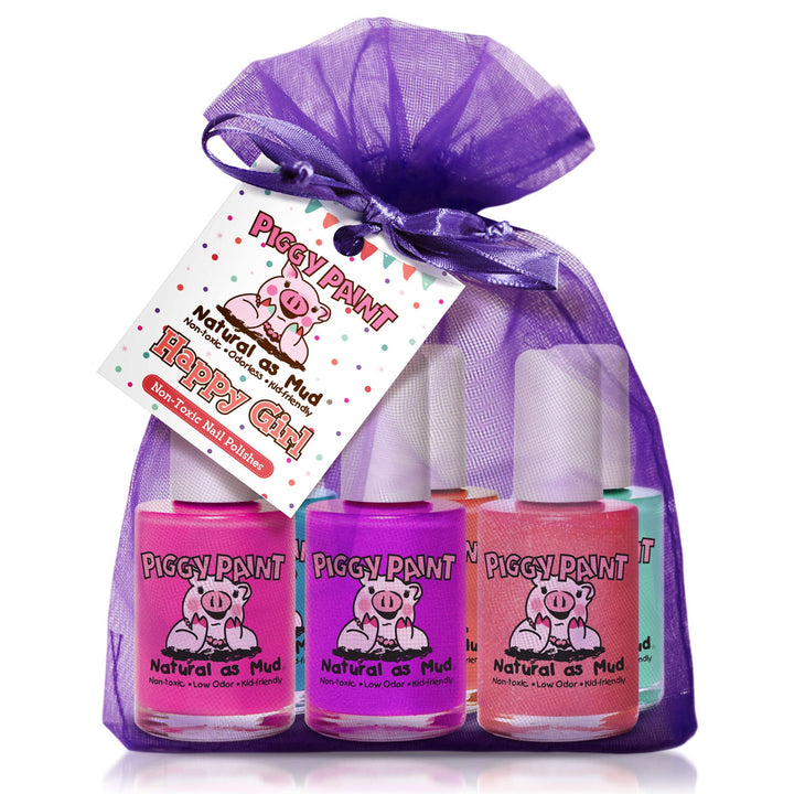 Piggy Paint - 100% Non-toxic Girls Nail Polish, Safe, Chemical Free, Low Odor for Kids - 6 Polish Gift Set - Happy Girl