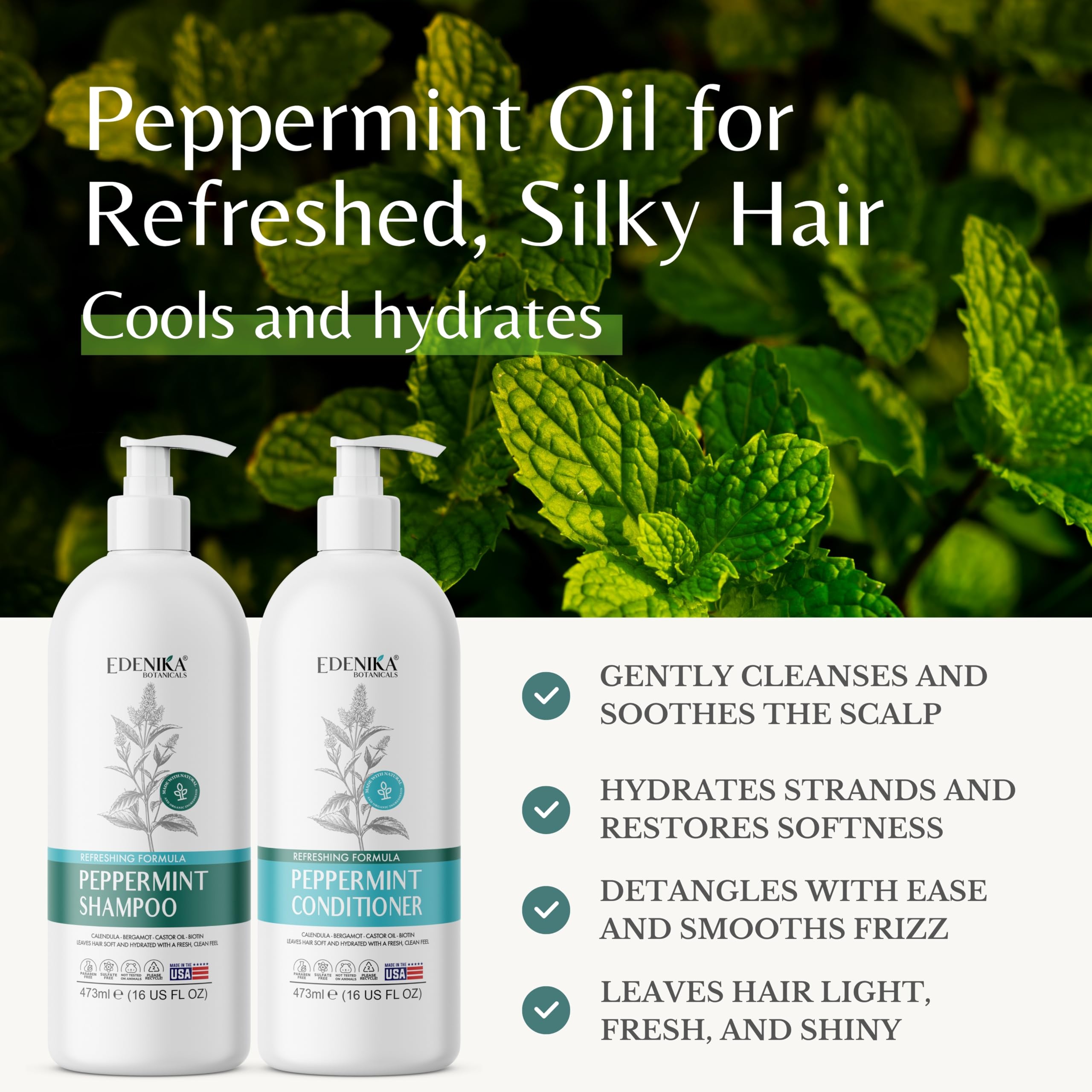 Edenika Botanicals Peppermint Shampoo & Conditioner Set 16oz - Refreshing, Sulfate-Free - Hydrates, Detangles, and Invigorates Scalp - For All Hair Types Including Oily Hair