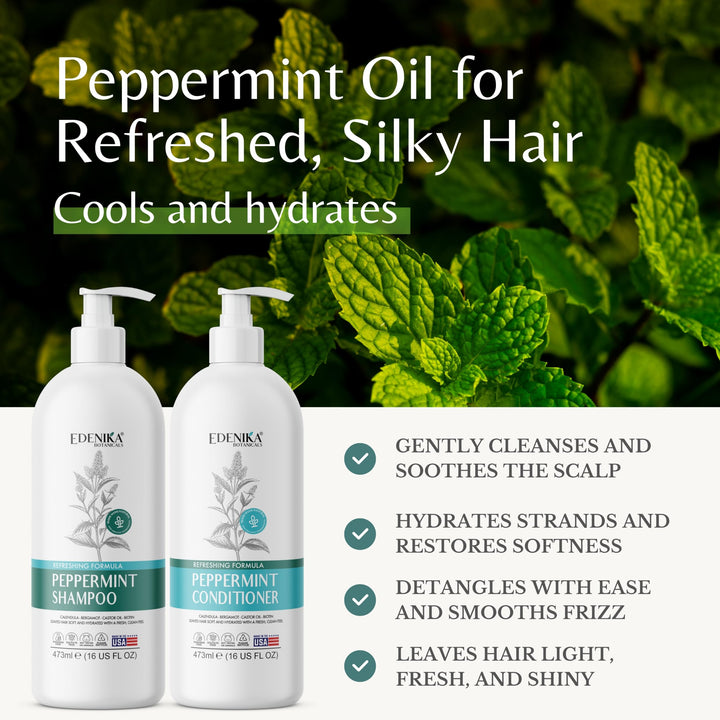 Edenika Botanicals Peppermint Shampoo & Conditioner Set 16oz - Refreshing, Sulfate-Free - Hydrates, Detangles, and Invigorates Scalp - For All Hair Types Including Oily Hair