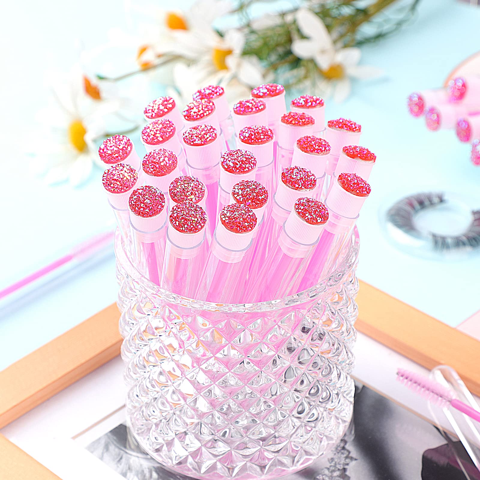 Dming 20pcs Eyelash brush Lash Wand Makeup tool Eyelash Extension supplies Cleaning brush Diamond Mascara star d pink