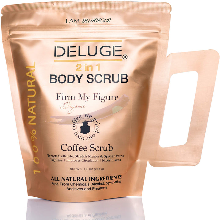 Organic Coffee Body Scrub, Tightens, Tones, Reduces Cellulite 100% Natural 10 Oz By Deluge New Packaging By Deluge