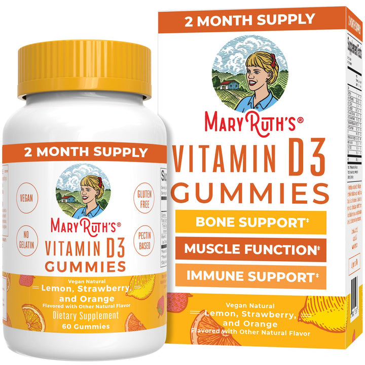 MaryRuth Organics Vitamin D3 Gummies, 2 Month Supply, Adults & Kids Gummies, Immune Support Supplement, Vitamin D3 1000IU for Bone Health & Muscle Function, Vegan, Non-GMO, Gluten Free, 60 Count