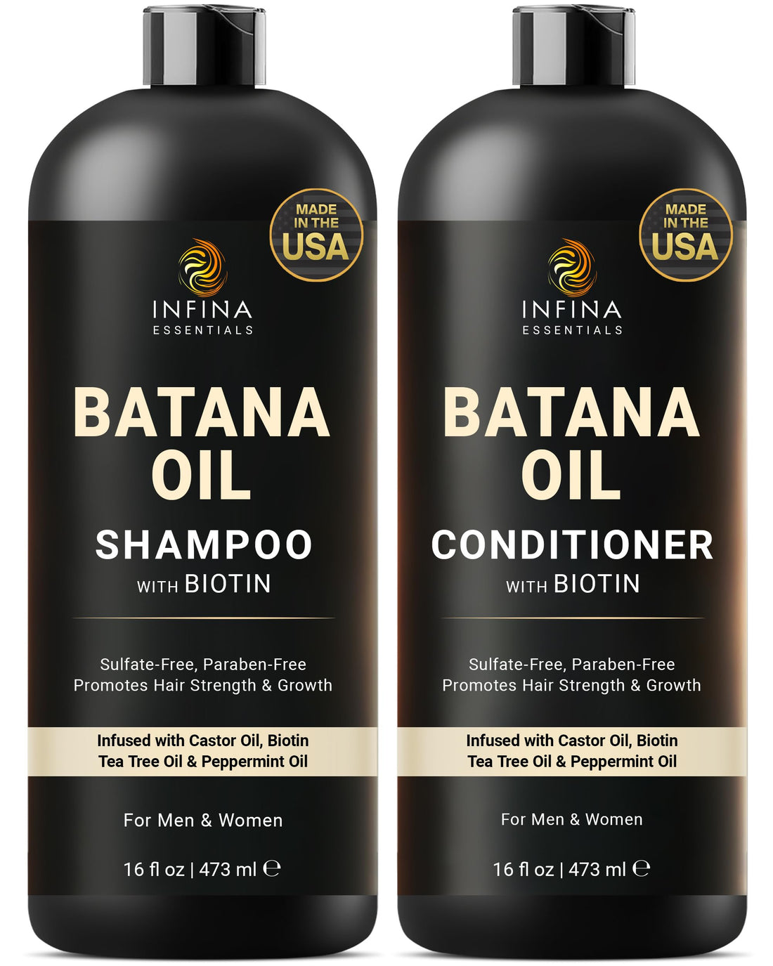 INFINA ESSENTIALS Batana Oil Shampoo and Conditioner Set - Biotin & Tea Tree Oil for Hair Growth & Thickness - Moisturizing & Nourishing Shampoo for Thinning Hair for Men & Women - 16 fl oz Each