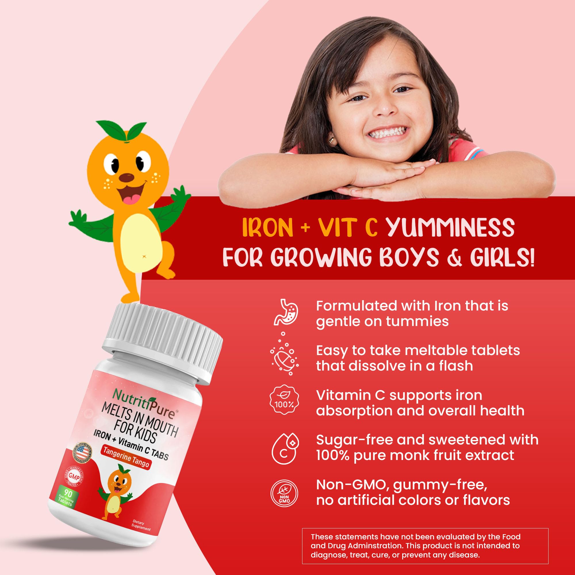 NutritiPure Chewable Iron Supplements for Kids (Ferronyl®/Carbonyl Iron 9 mg with Vitamin C 30 mg) Tablet in Tangerine Tango Orange Flavor Kids Iron Supplement 90 Count