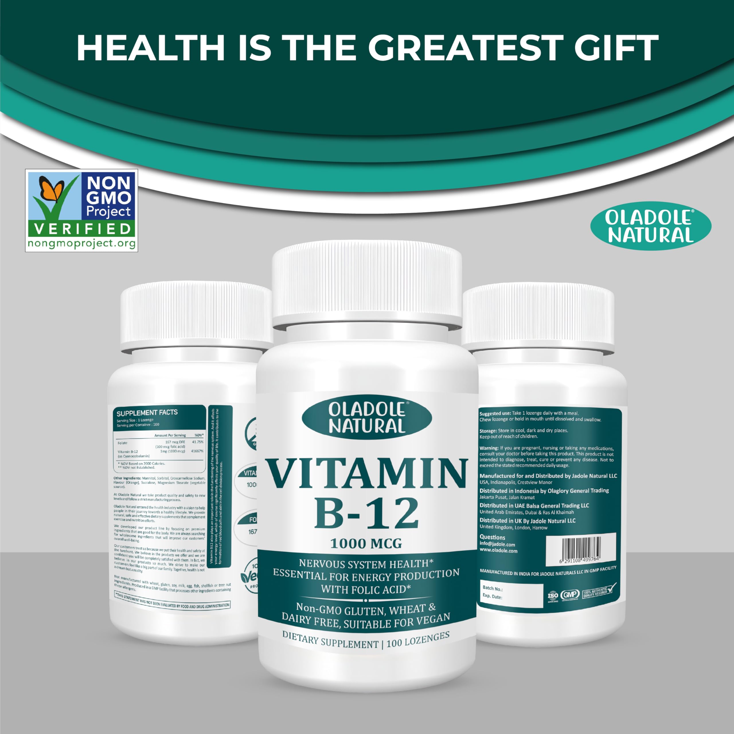 Oladole Natural Vitamin B-12 (1000mcg) - 100 Lozenges Black Cherry Flavour | Formulated with Folic Acid | Energy Boost, Red Blood Cell Formation, Nervous System Support & Immune Health | Non-GMO