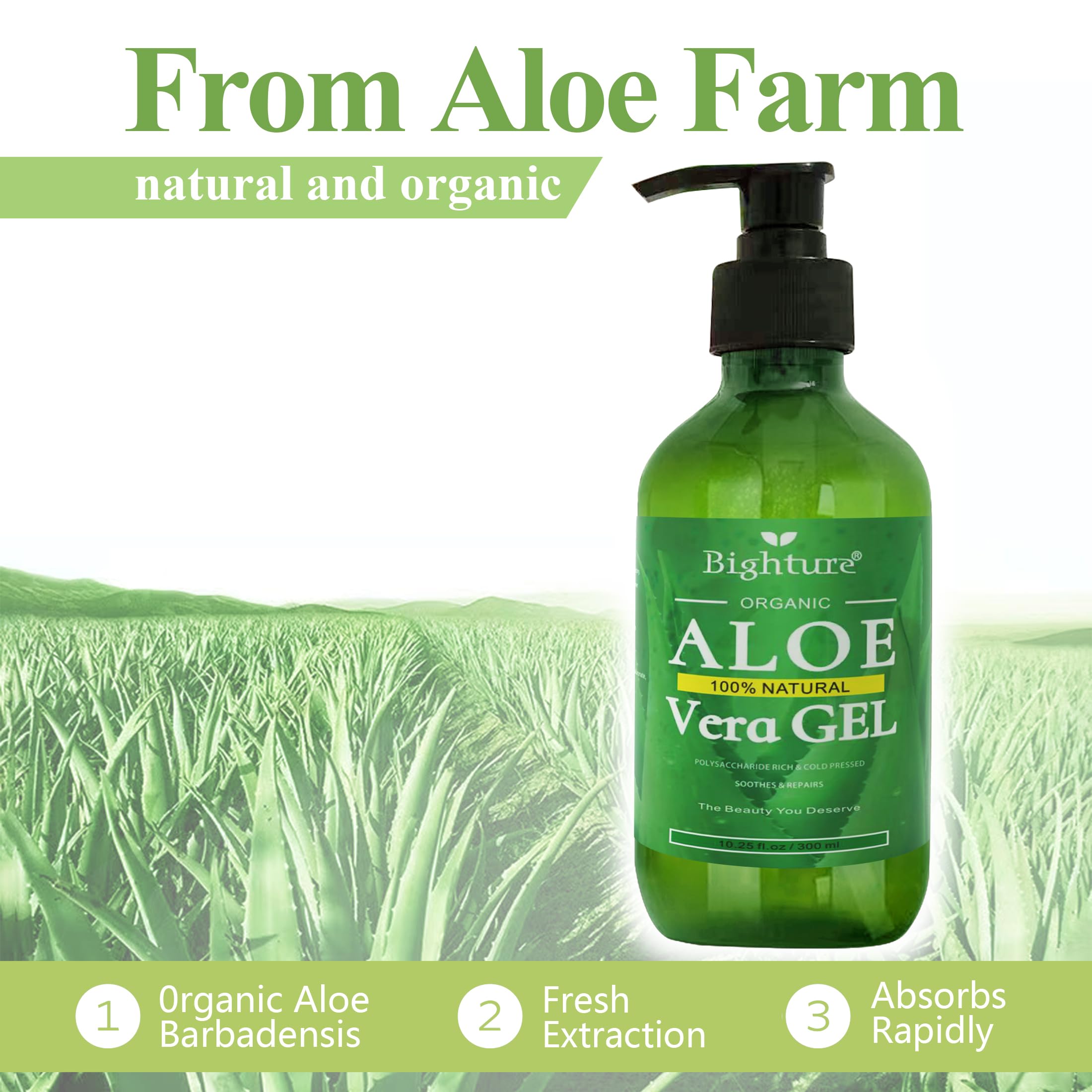 BIGHTURE Aloe Vera Gel, 100% Aloe Vera Organic from Freshly Cut Aloe Leaves, Skin Care for Deeply & Rapidly Soothing, Firming, After Shave, Sunburn Relieve, etc