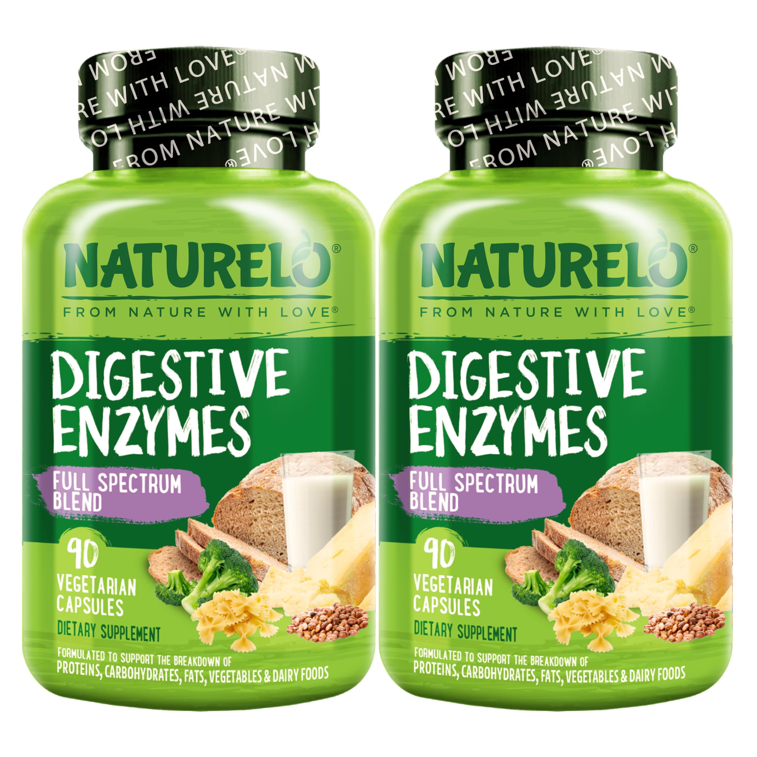 NATURELO Digestive Enzymes - Full Spectrum Support with a Broad Blend of 15 Enzymes Plus Ginger - 180 Vegan Capsules