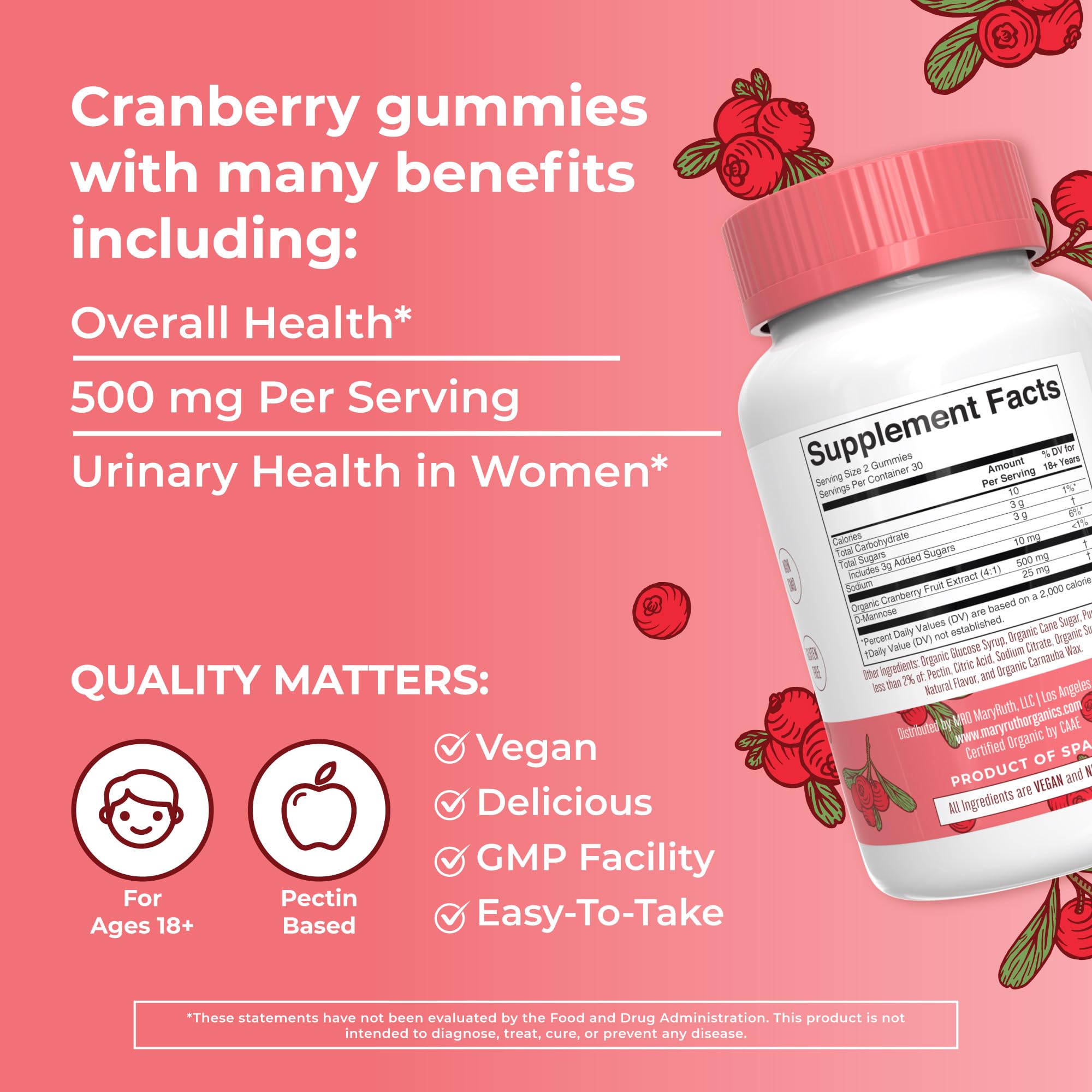 MaryRuth Organics Organic Cranberry Gummies | Cranberry Supplement | Urinary Tract Health for Women | with D Mannose | 500mg Cranberry | Traditional Use | USDA Organic | Vegan | Non GMO | 30 Servings