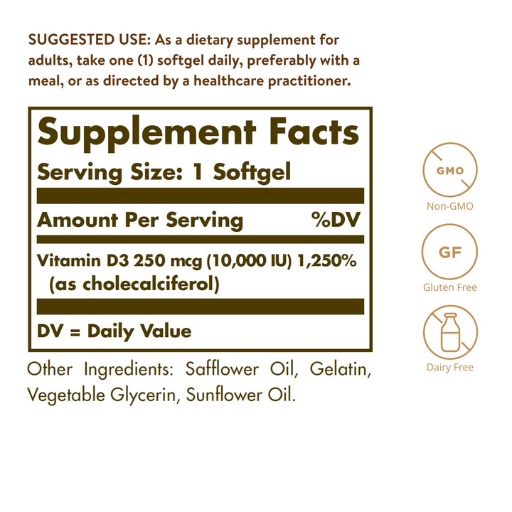 Solgar Vitamin D3 Cholecalciferol 250 MCG 10000 IU Softgels Helps Maintain Healthy Bones Teeth Immune System Support Non-GMO Gluten, Dairy Free Servings, 180 Count