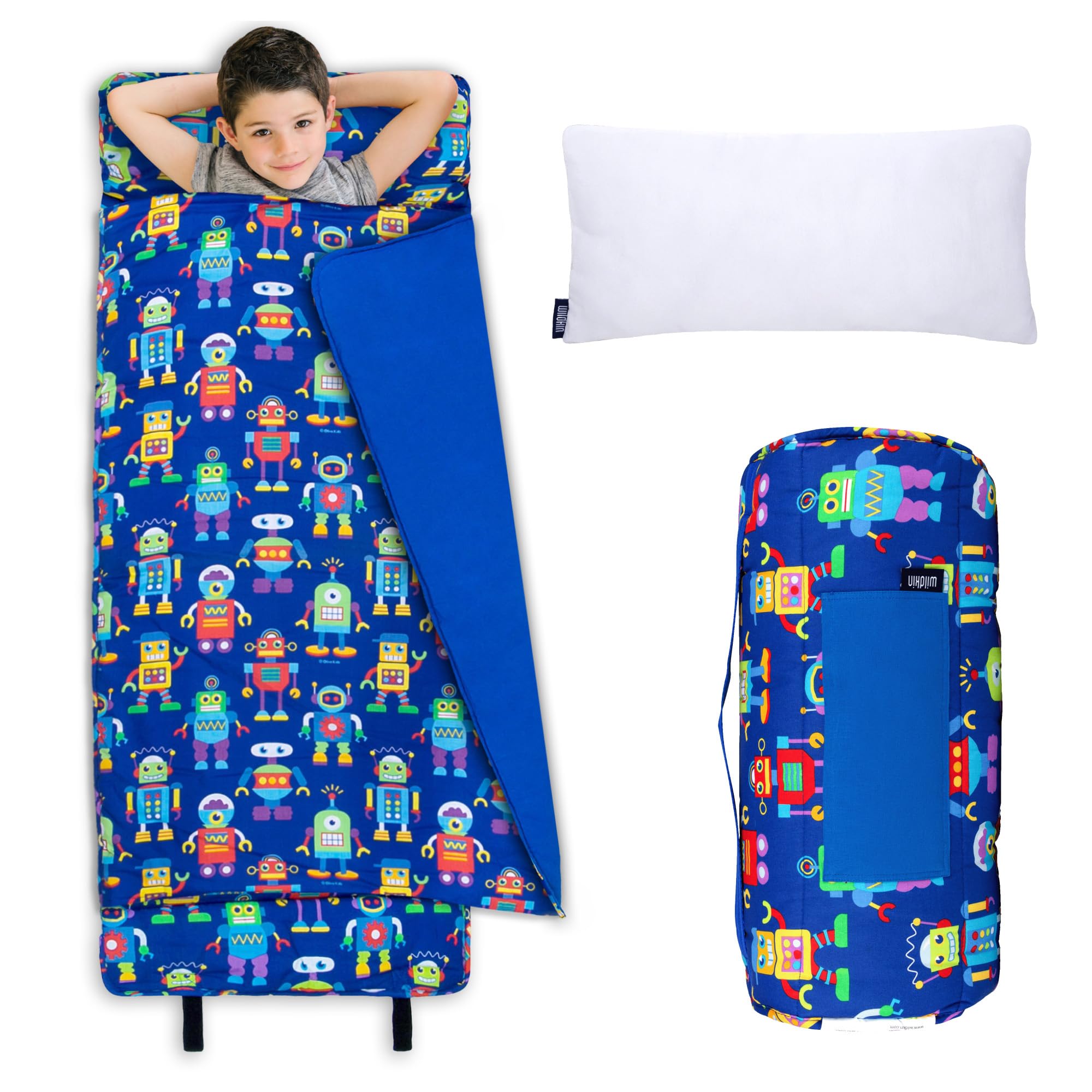 Wildkin Kids Original Nap Mat – Cozy Kids Sleep Mat with Pillow, Ideal for School & Travel - Robots