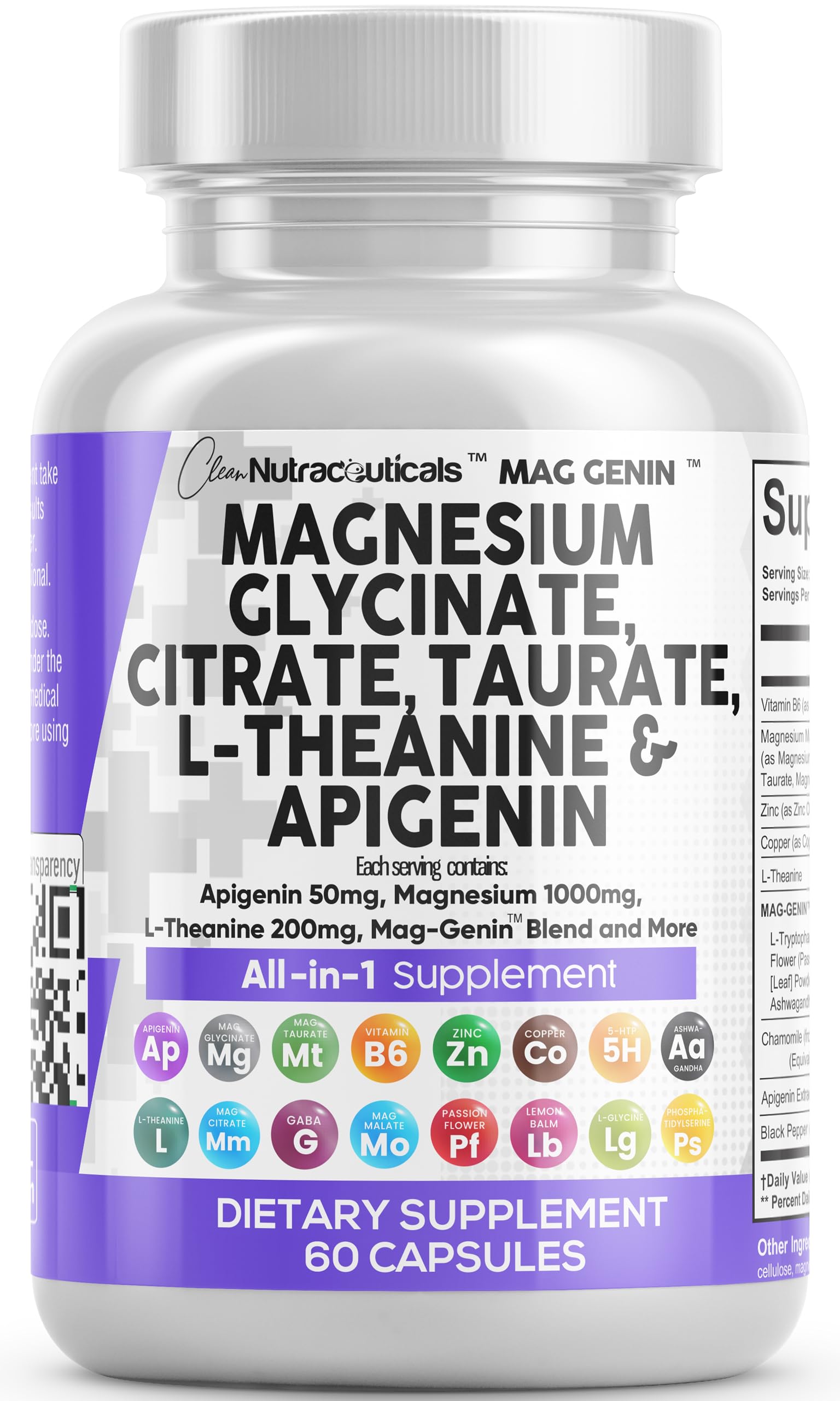 Clean Nutraceuticals Magnesium Glycinate Complex 1000mg with L-Theanine 200mg Apigenin 50mg Citrate Taurate Supplement - 5-HTP GABA Passion Flower Lemon Balm L-Glycine Phosphatidylserine - 60 Count