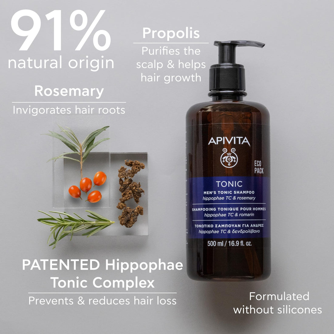 Apivita Tonic Shampoo for Men Thinning Hair 500ml - Natural Hair Strengthening Shampoo with Patented Hippophae Tonic Complex, Rosemary and Propolis - Promotes Healthy Hair Growth, Strengthens