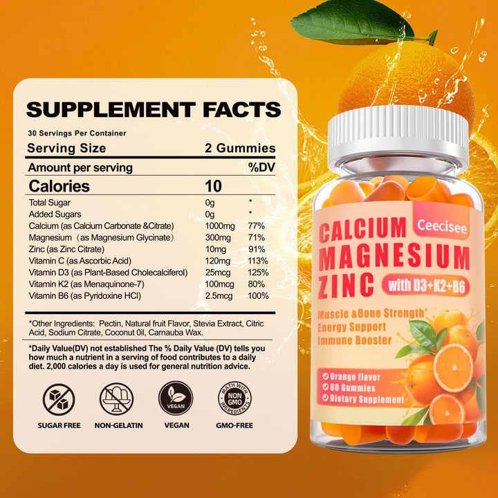 Calcium Magnesium Zinc Gummies with D3 &B6 &K2,1000mg Calcium Gummies with 300mg Magnesium Support Bone & Muscle for Adults and Teens,Sugar Free (60 Count (Pack of 2))