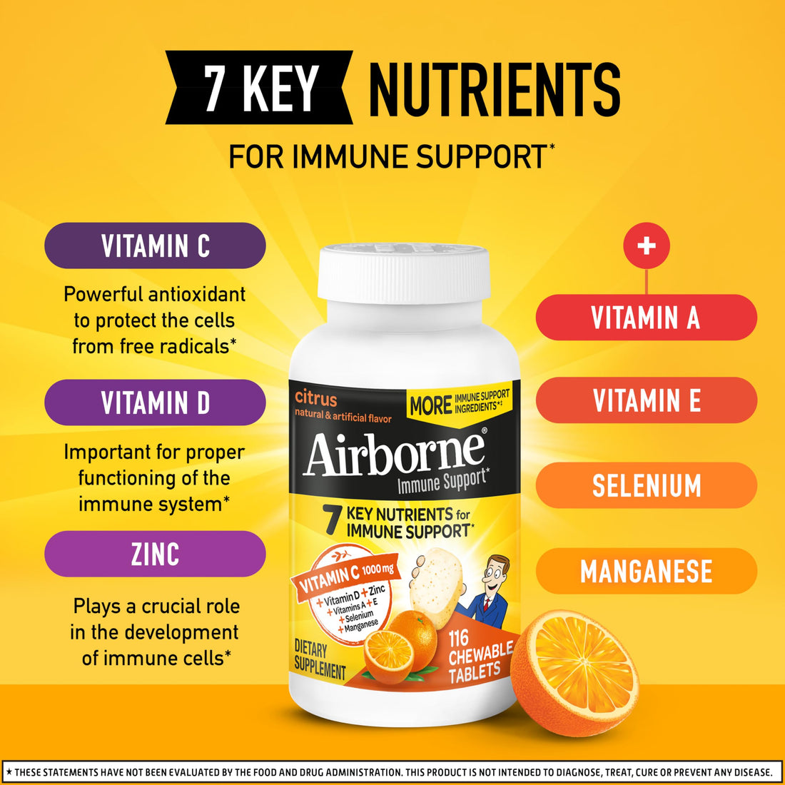 Airborne 1000mg Vitamin C with Vitamin D & Zinc, Multivitamin Immune Support Supplement, Antioxidants Vitamins A C & Vitamin E, 116 Chewable Tablets, Citrus Flavor