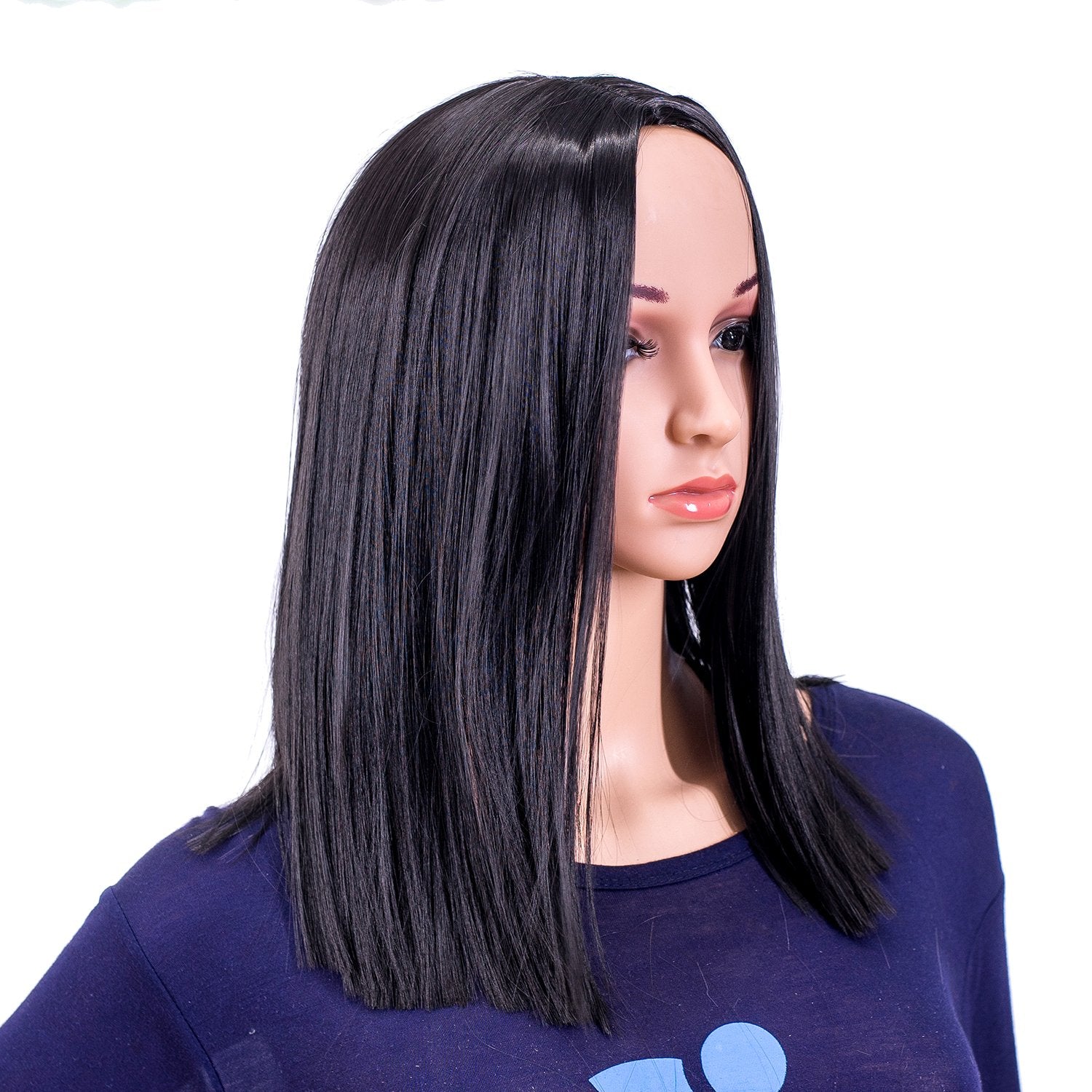 SWACC 14-Inch Short Straight Middle Part Hair Wig Medium Length Synthetic Heat Resistant Wigs for Women with Wig Cap (Black-1B)