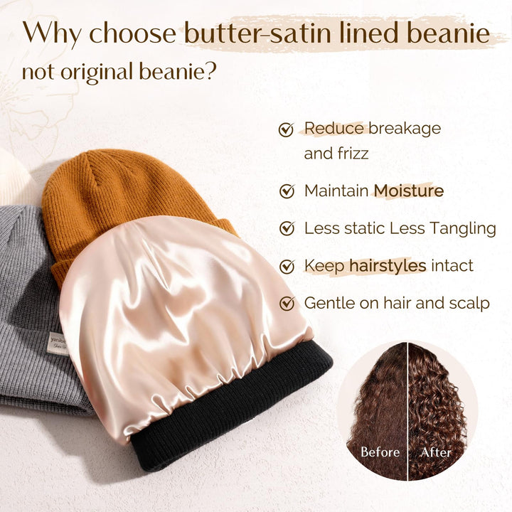 YANIBEST Beanie Hat for Women Men Satin Lined Beanie Hats Winter Hat Womens Cuffed Beanies Knit Skull Cap Warm Ski Hat Unisex Black