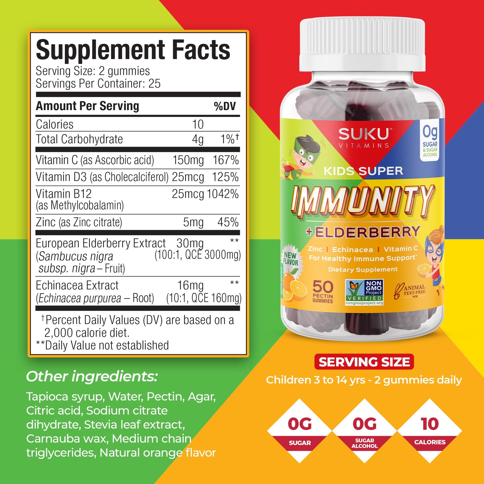 SUKU Vitamins - Kids Super Immunity - Elderberry, Echinacea, Vitamin A and Zinc Gummies for Immune Support - Easy to Chew - Non GMO, Gluten Sugar Free - Pomegranate Lime Gummy Vitamins, 50 Count