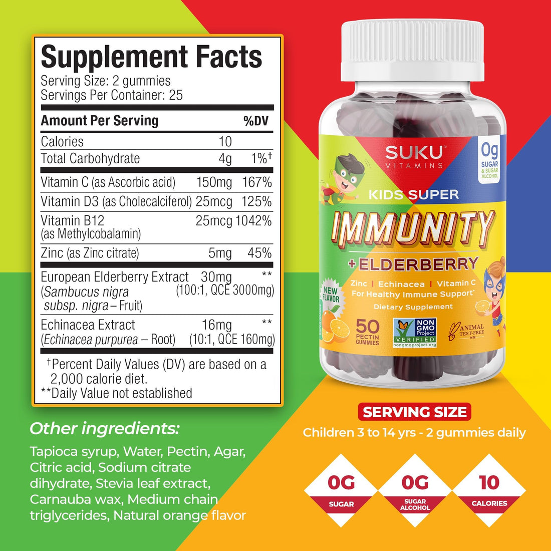 SUKU Vitamins - Kids Super Immunity - Elderberry, Echinacea, Vitamin A and Zinc Gummies for Immune Support - Easy to Chew - Non GMO, Gluten Sugar Free - Pomegranate Lime Gummy Vitamins, 50 Count