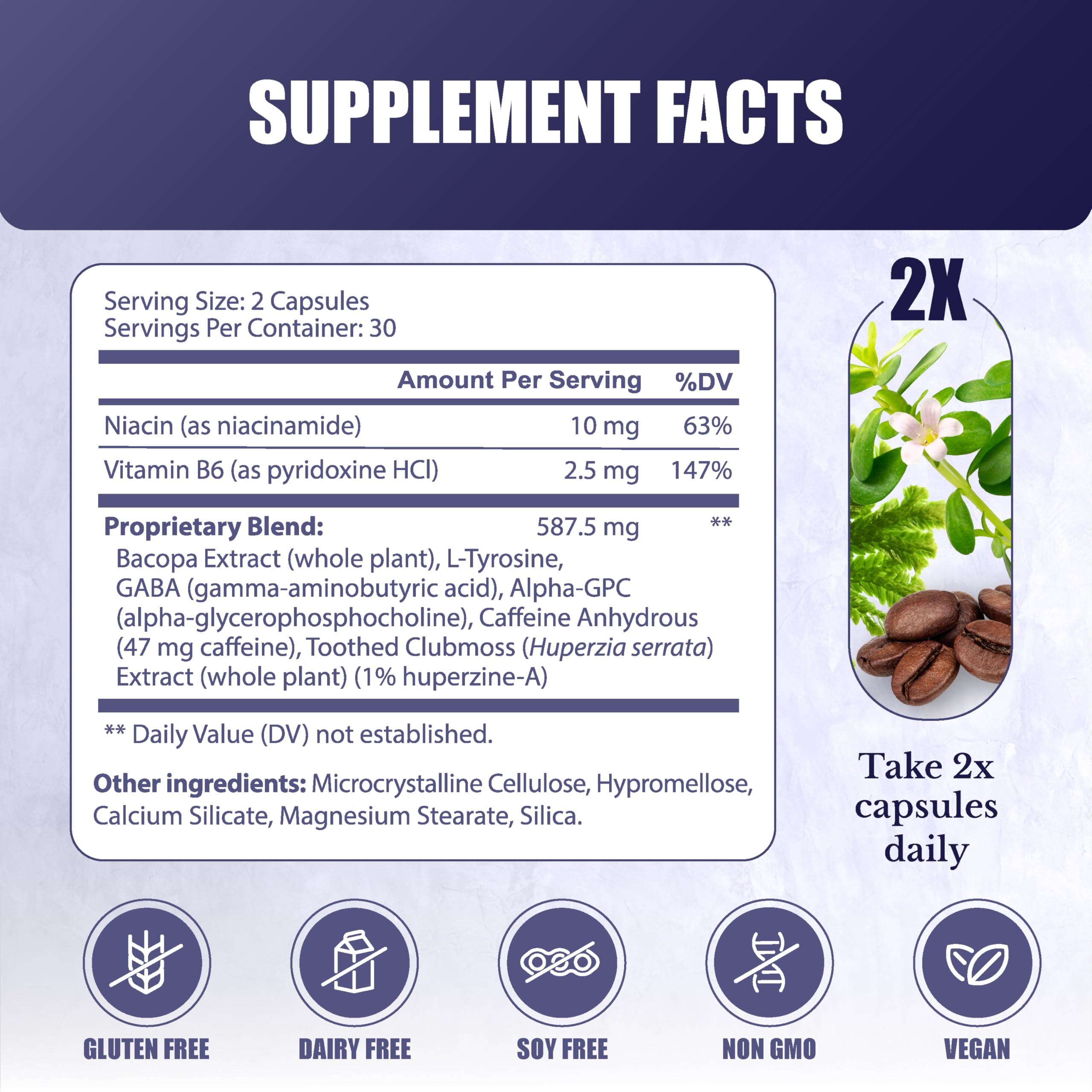 NATION HEALTH MD Cognilux - Brain Supplements for Memory and Focus - Nootropic Focus Supplement with Niacin, Vitamin B6, GABA and More - Memory Supplement for Brain, Brain Health, 60 Capsules