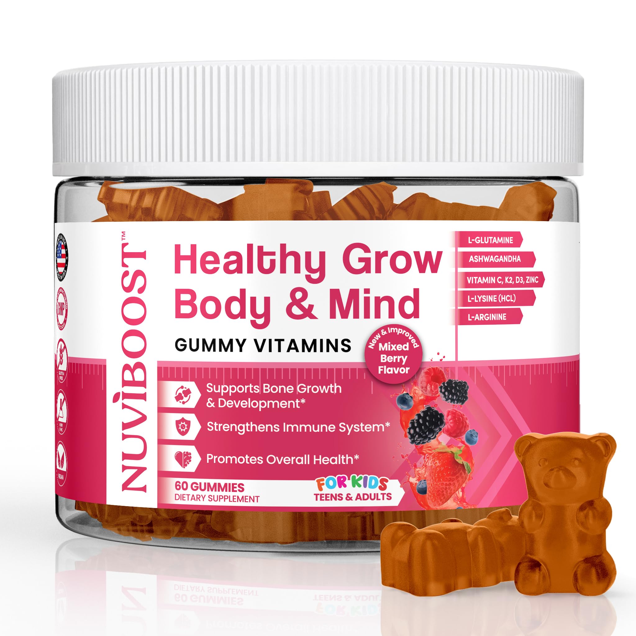 NUVIBOOST Healthy Grow Height Growth Gummies Rich in Calcium, Vitamins C, D3, K2, L-Arginine, Ashwagandha, and Others, Boost Bone Health & Immunity, Multivitamin, for Kids 5+, Teens and Adults.