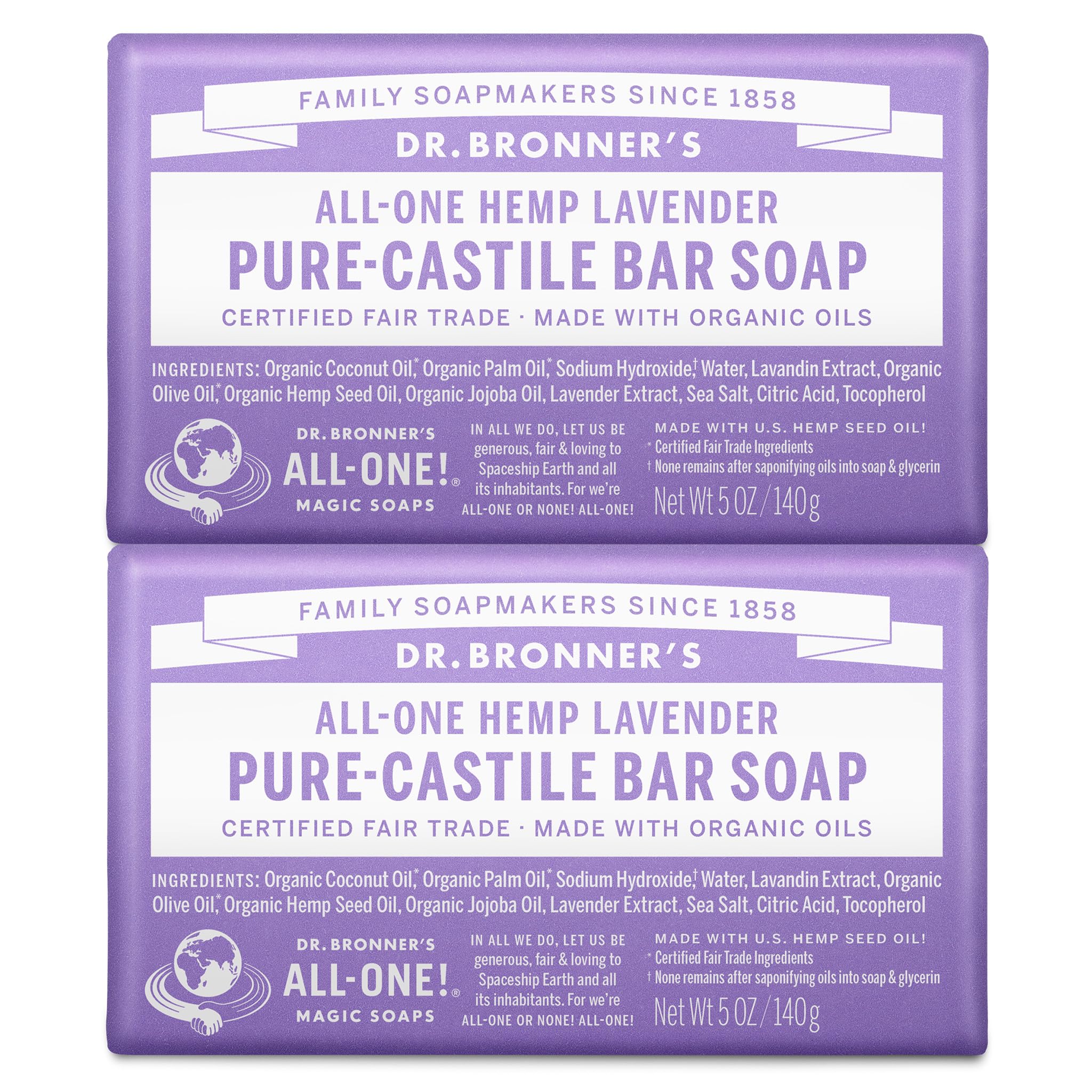 Dr. Bronner's Pure-Castile Bar Soap - Lavender, 5oz. (2 Pack)
