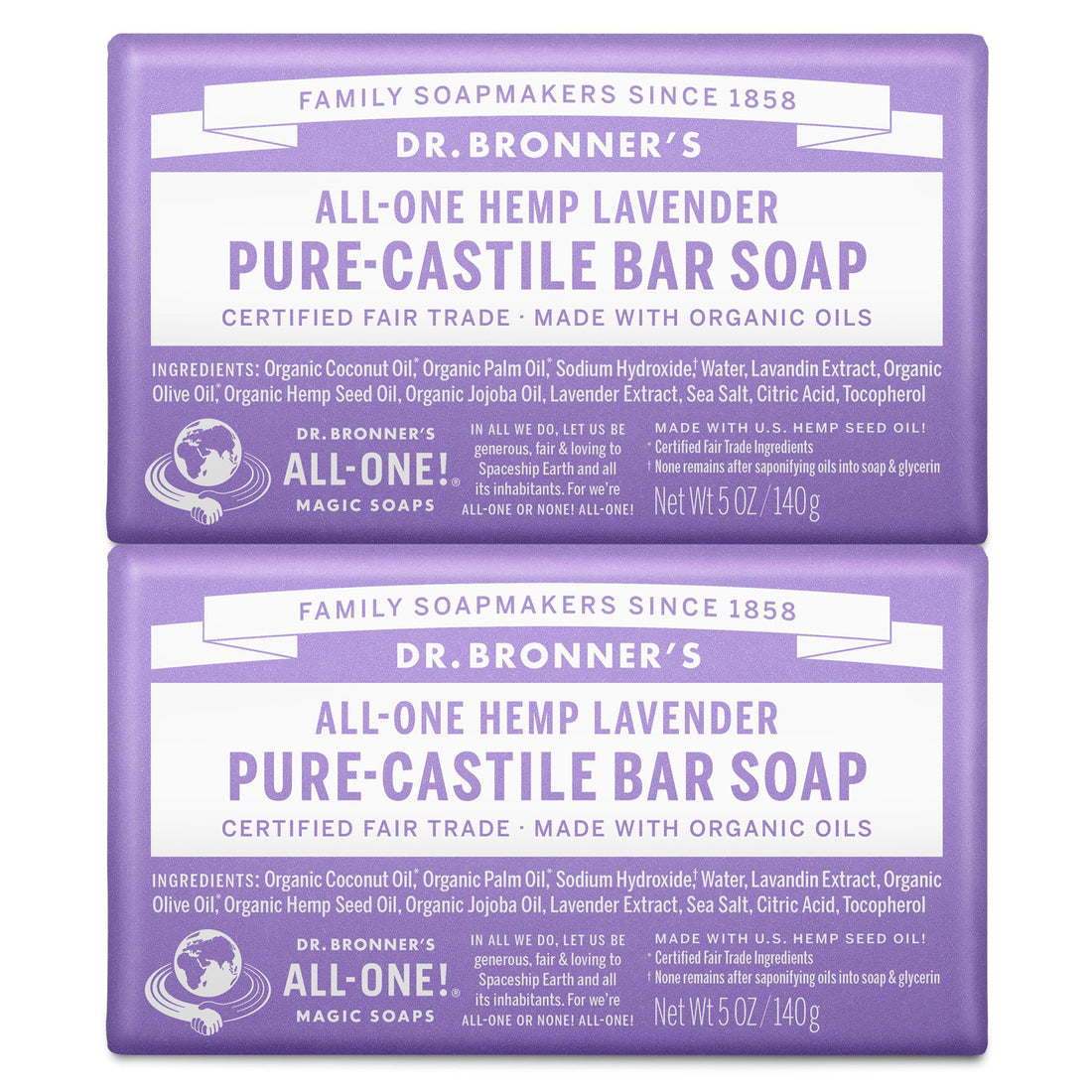 Dr. Bronner's Pure-Castile Bar Soap - Lavender, 5oz. (2 Pack)