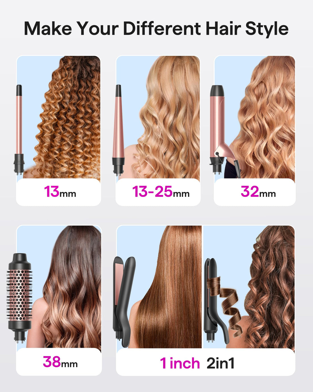 Wavytalk 5 in 1 Curling Iron Set with Thermal Brush and 4 Interchangeable Ceramic Curling Wands (0.5'-1.25'), Instant Heat Up Hair Curling Iron, Rose Gold