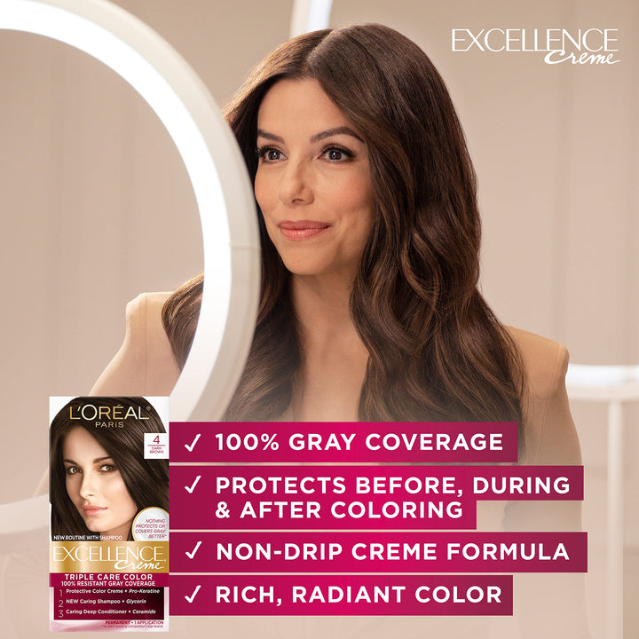 L’Oréal Paris Excellence Creme Permanent Hair Color, 5 Medium Brown, 100 percent Gray Coverage Hair Dye, Pack of 2