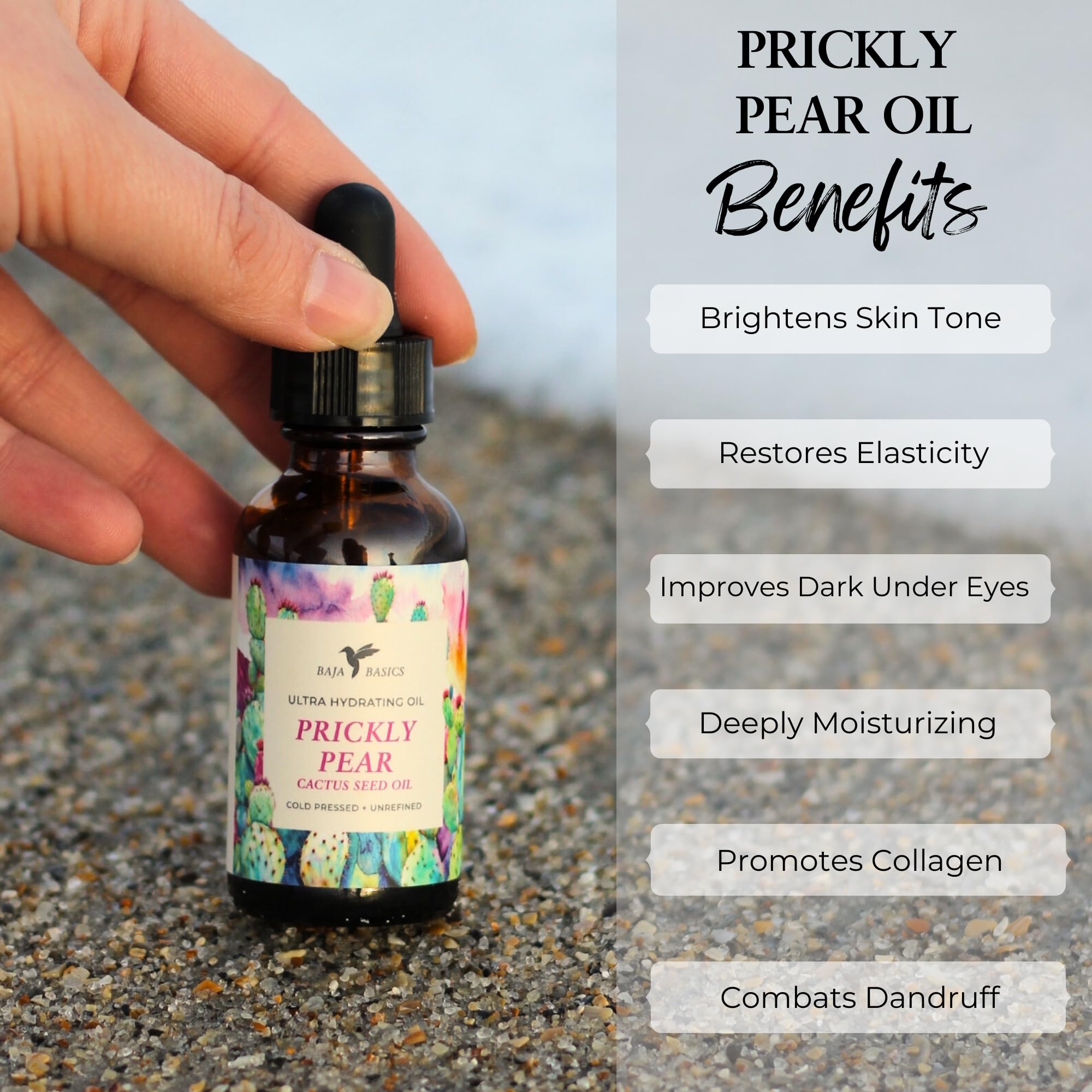 Baja Basics Prickly Pear Oil Cold Pressed, 100% Pure, Unrefined Moisturizer for Skin, Face, Body, Nails and Hair - Multi-Purpose Beauty Product For Men and Women - 1 oz Bottle