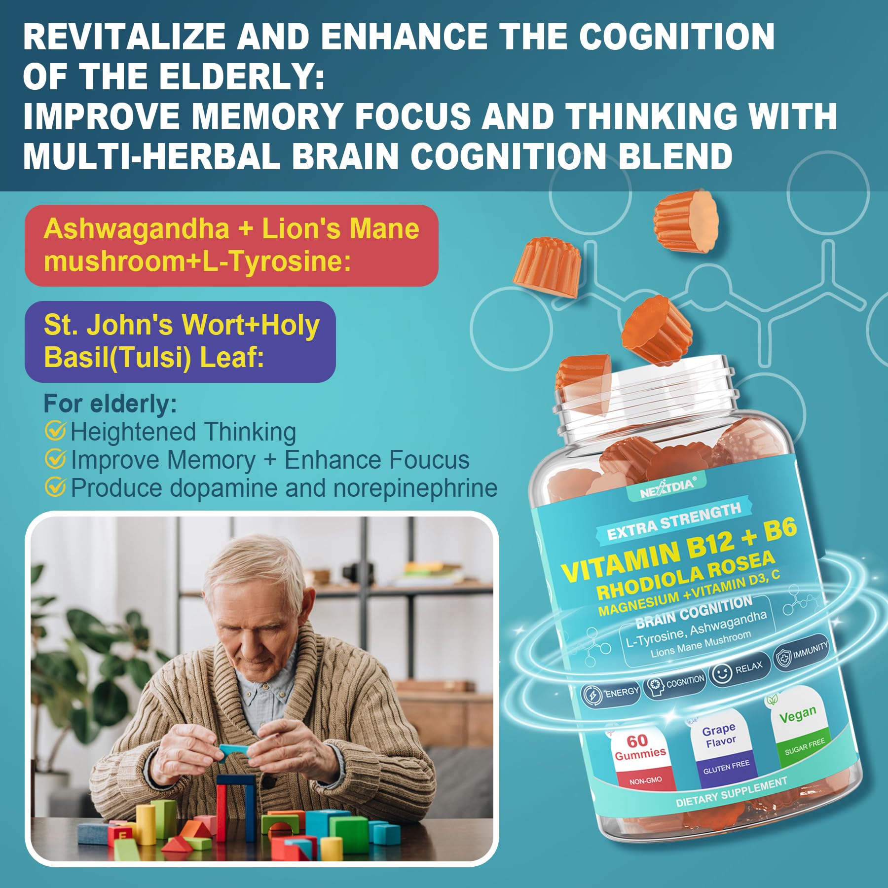 Focus Memory & Energy Gummies, L-Tyrosine + Methyl B12 1000mcg, B6 50mg, D3 C, Lion's Mane Mushroom, for 15+ Students, Office Worker, Multivitamin, Herb Blend for Seniors Brain & Cognition, Sugar Free